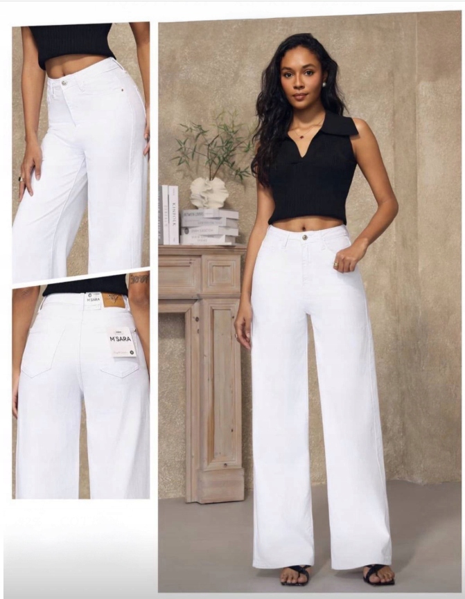 M.Sara Spodnie Jeansowe Białe Wysoki Stan Szerokie Nogawki Wide Leg 40 L
