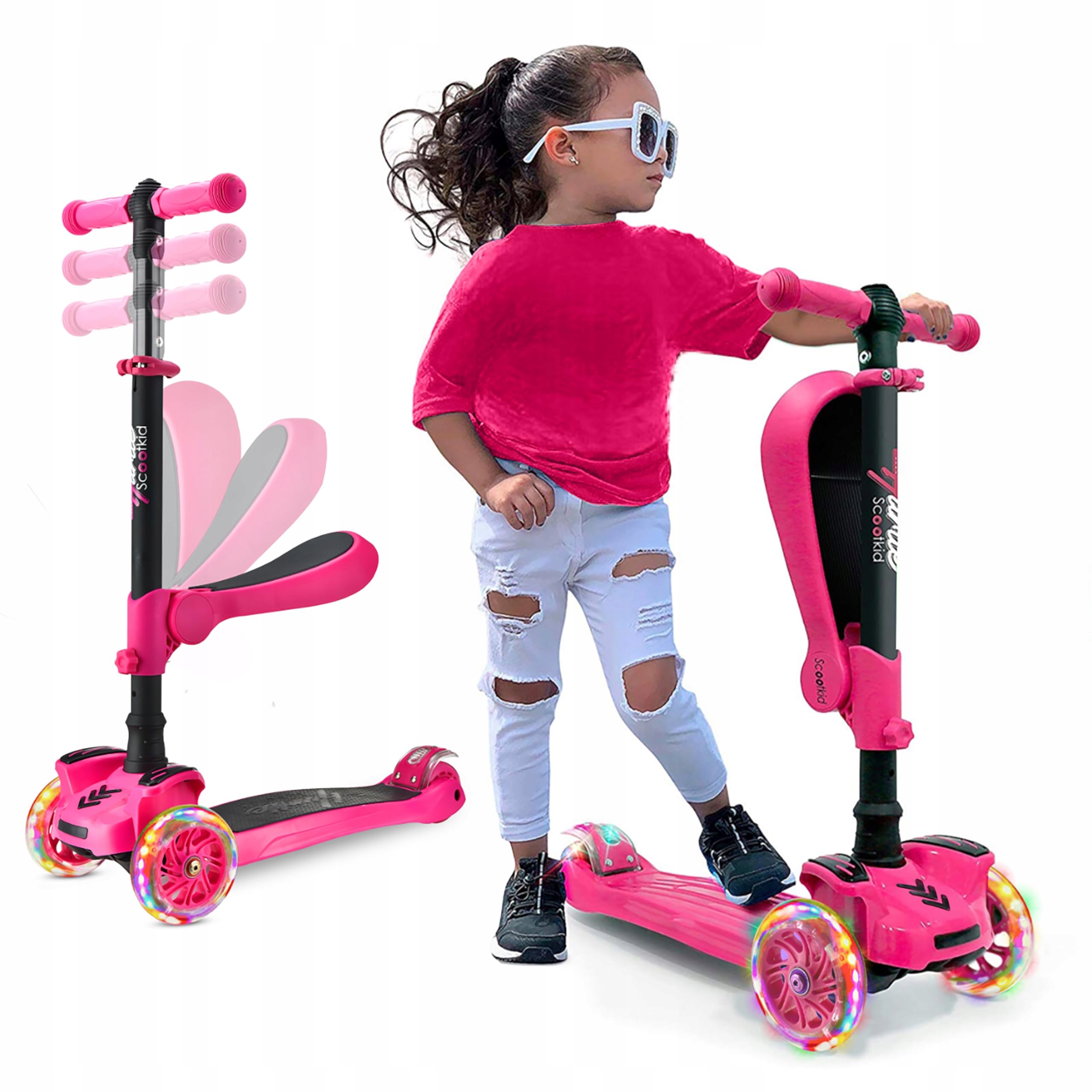 Hurtle ScootKid hulajnoga trójkołowa dziecięca Led składana różowa
