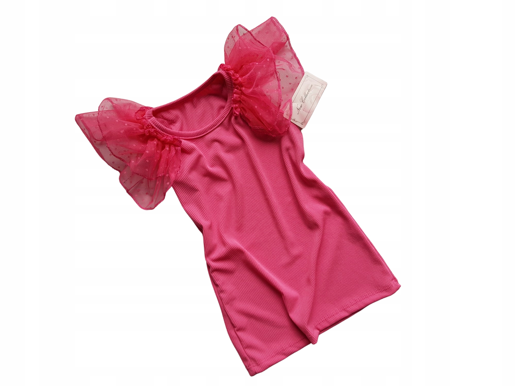 Top prążek i tiulowe bufki fuksja 146/152