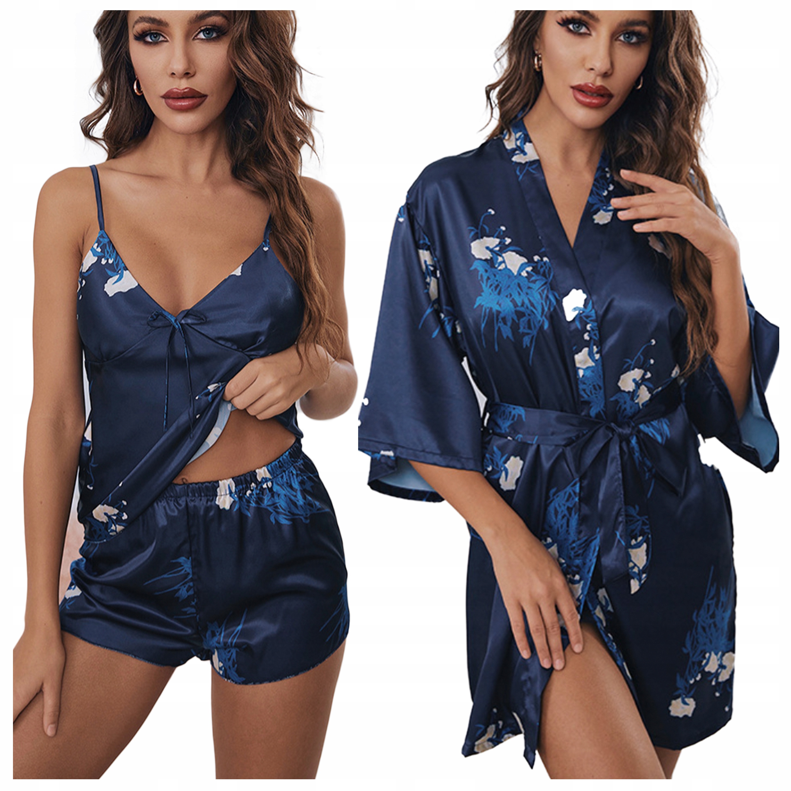 

Komplet szlafrok koszulka szorty piżama satynowa