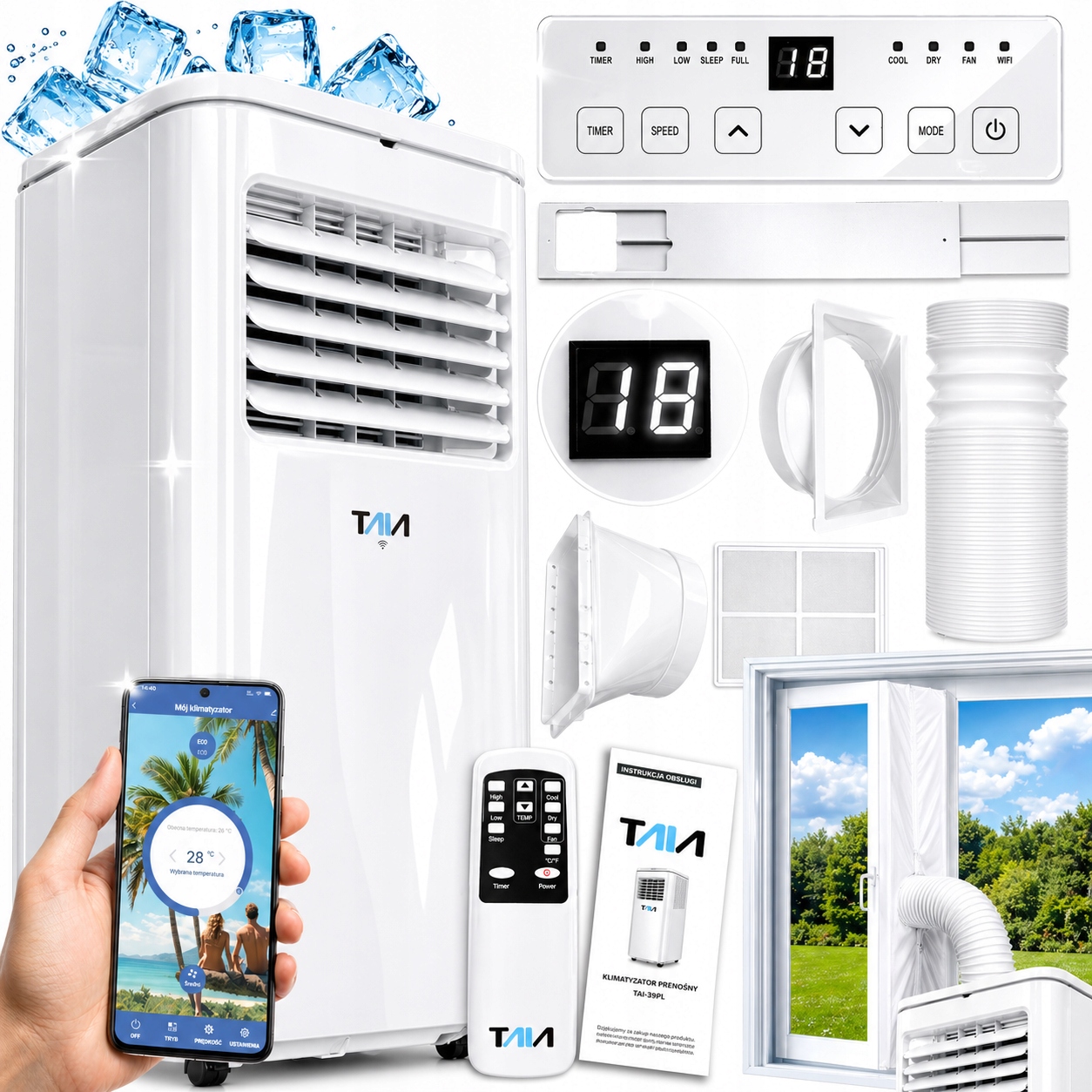 Přenosný Klimatizátor 2,50 kW Tichý Wifi Odvlhčovač Led Turbo Chlazení XXXL
