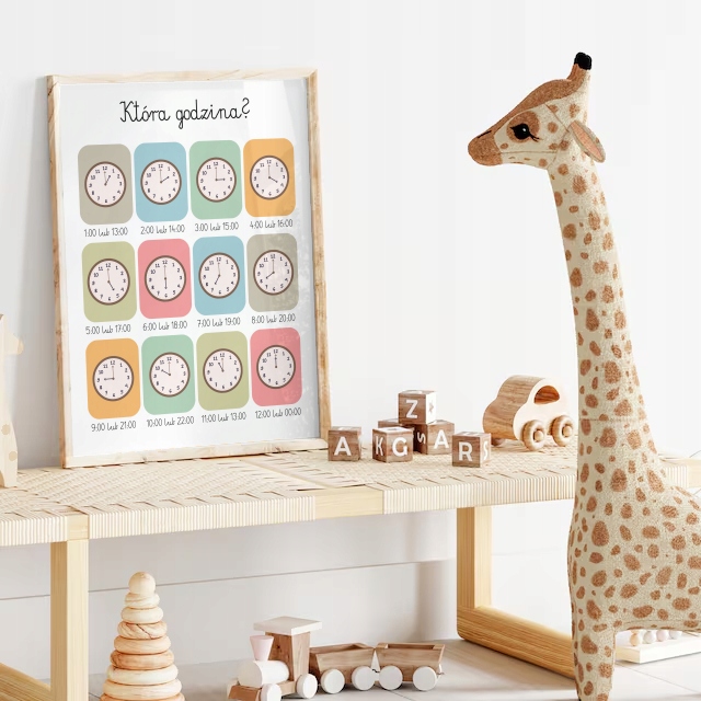 PLAKAT EDUKACYJNY OBRAZEK ZEGAR GODZINY NAUKA CZASU MONTESSORI 30x40 cm Marka inna marka