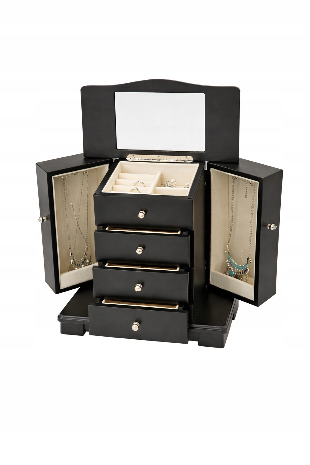 Šperkovnice na bižuterii černá, organizér, zásuvky, boční zrcátka, dvířka