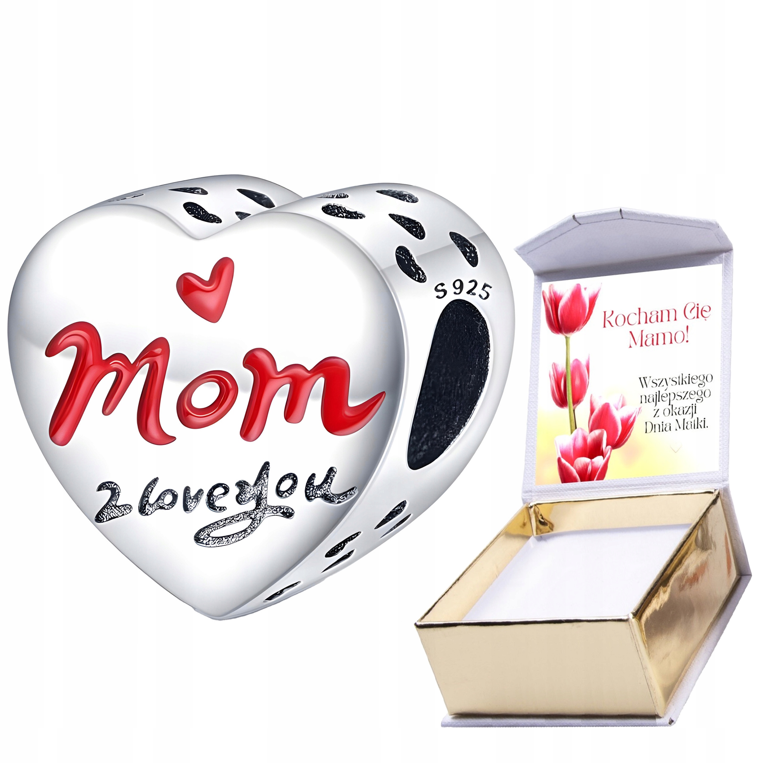 Charms Stříbrné srdce Miluji tě, maminko, láska, Stříbro 925 Potisk