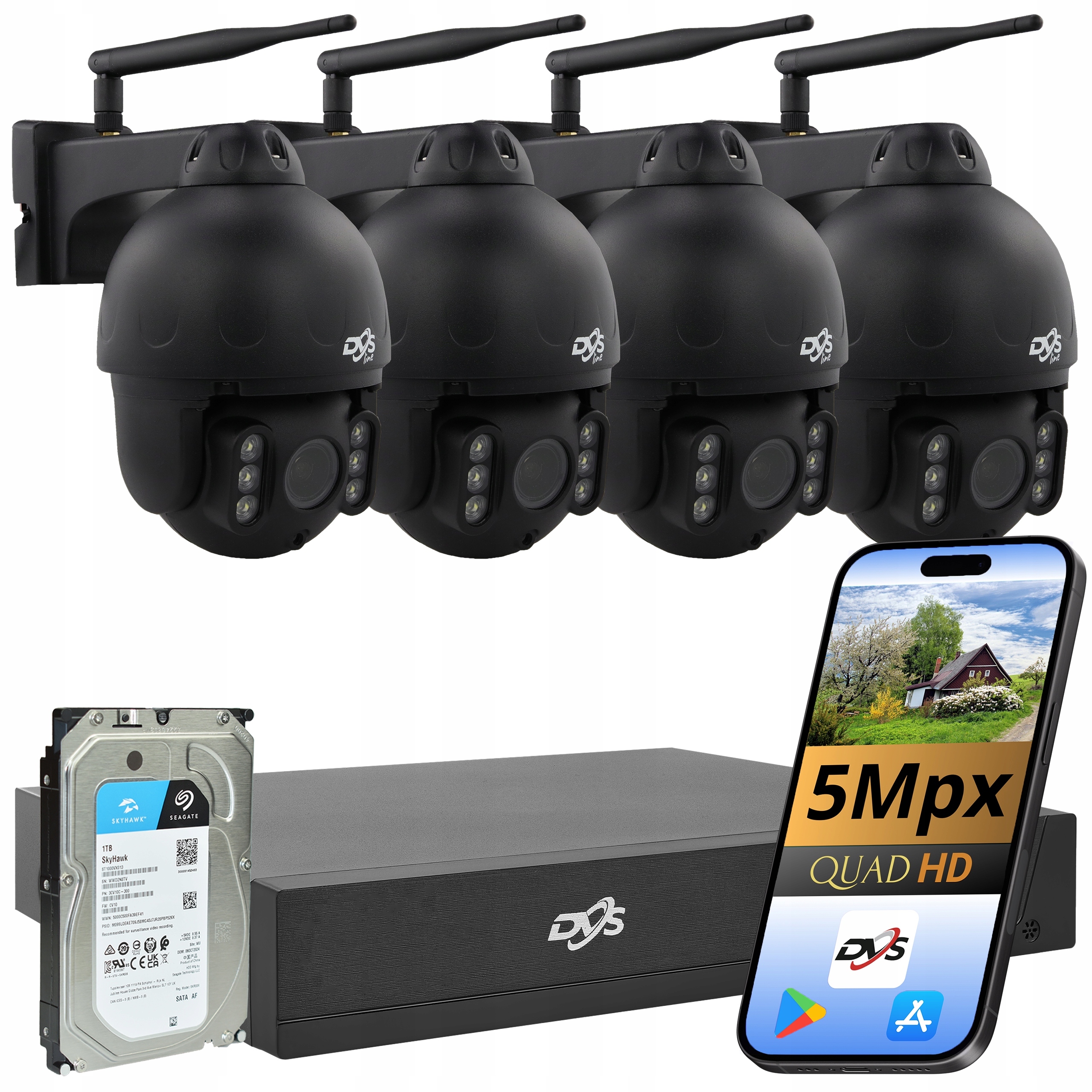 Set Kamer Wifi 4 Bezdrátové Otočné Černé Venkovní Kamery 5MP 1TB