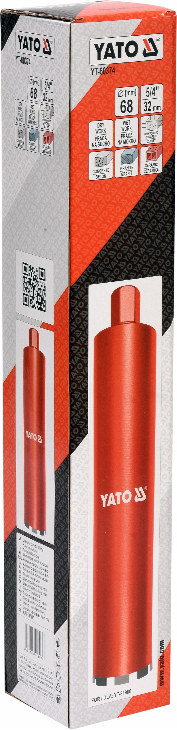JÁDROVÁ VRTAČKA YATO 5/4" PRO VRTÁK 68mm PRO BETONOVÝ ZÁVIT 1 1/4'' Aplikace betonových cihel