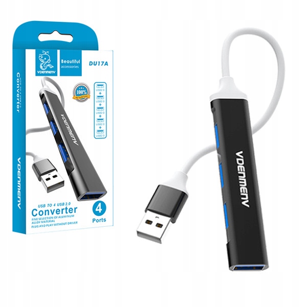 Rozdzielacz HUB z 4 portami USB DENMEN DU17 Czarny Aluminiowy 4xUSB