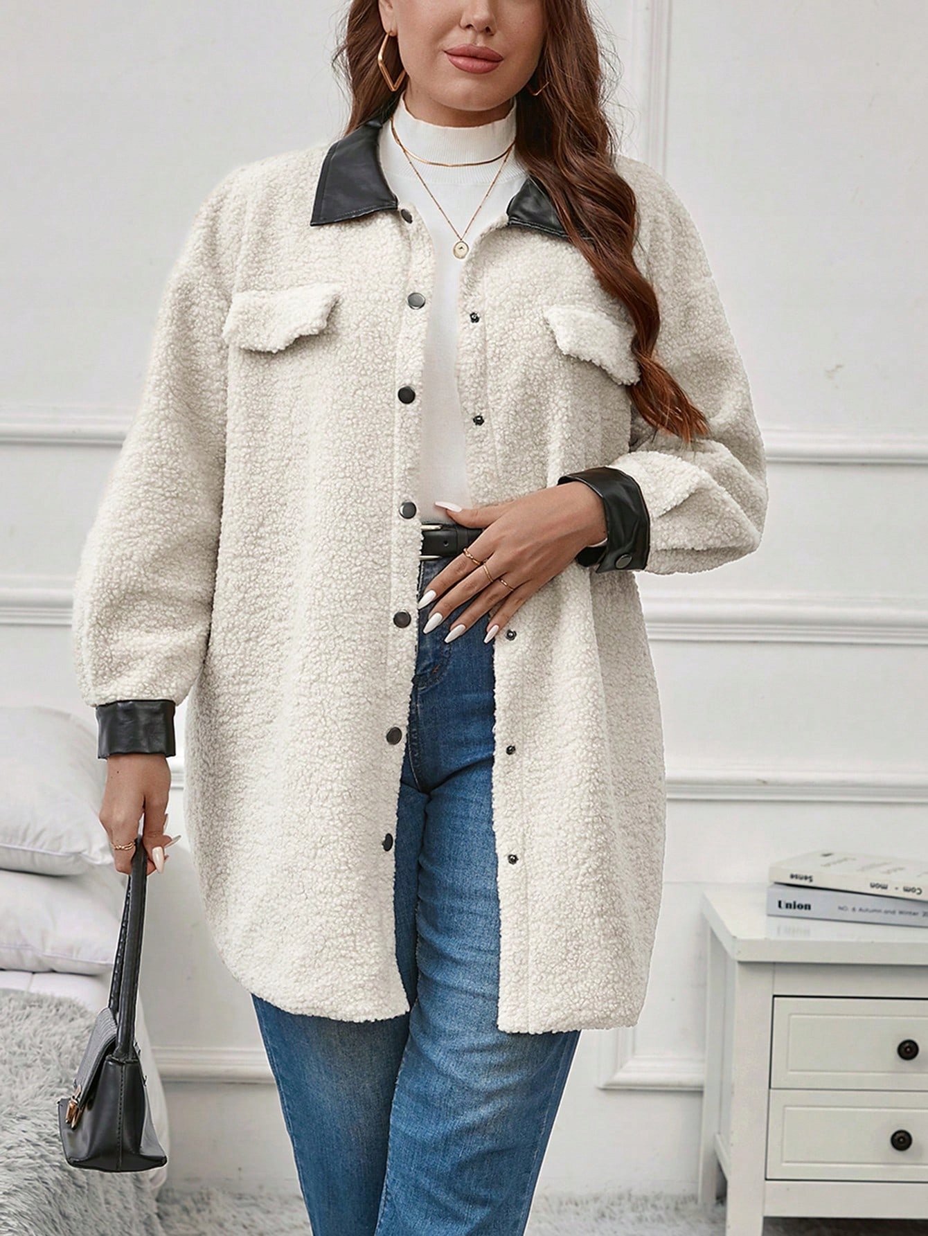 Dámská Košilová Plyšová Bunda Typu Teddy S Koženými Vložkami 5XL 50