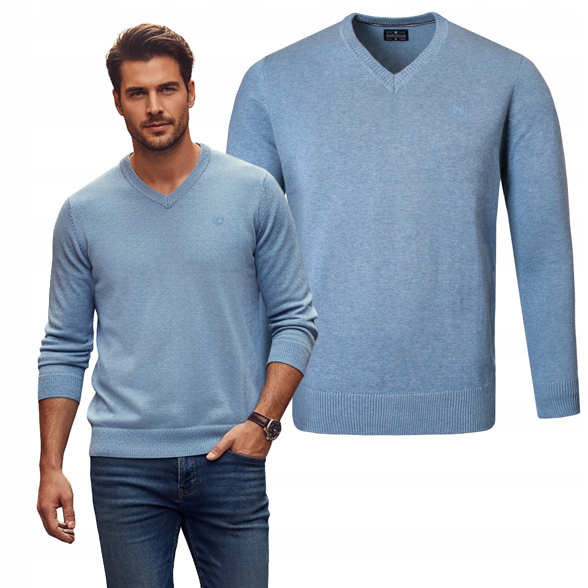 Elegantní Pánský Svetr s Výstřihem do V Bavlněný Hladký Jeans XL Pako Jeans