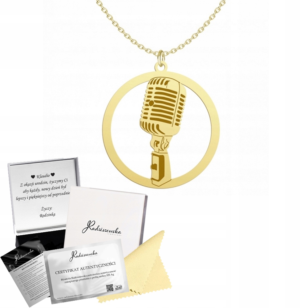 Zlatý náhrdelník Mikrofon Řetízek 925 Dárek Šperky Gravírování Bonus