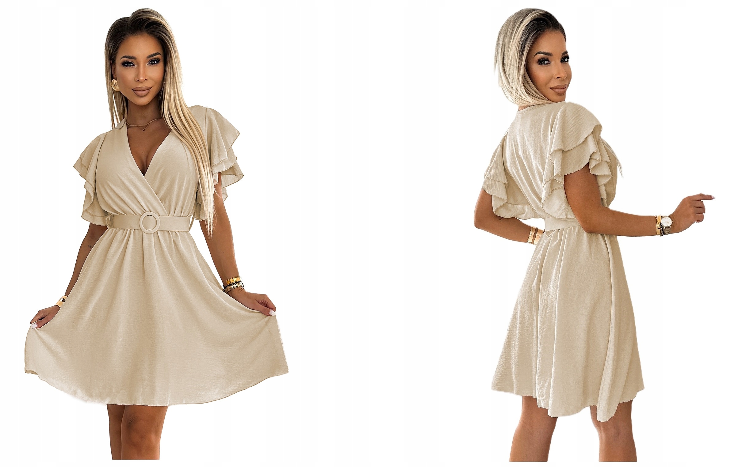 Stylové Béžové Šaty S Zavinovacím Výstřihem, Široký Pásek Jako Doplněk