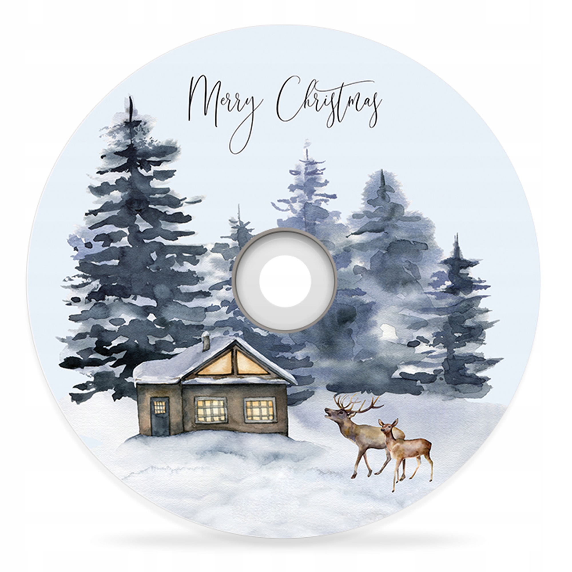 Płyta DVD-R z nadrukiem MERRY CHRISTMAS błękit jelenie dom las zima