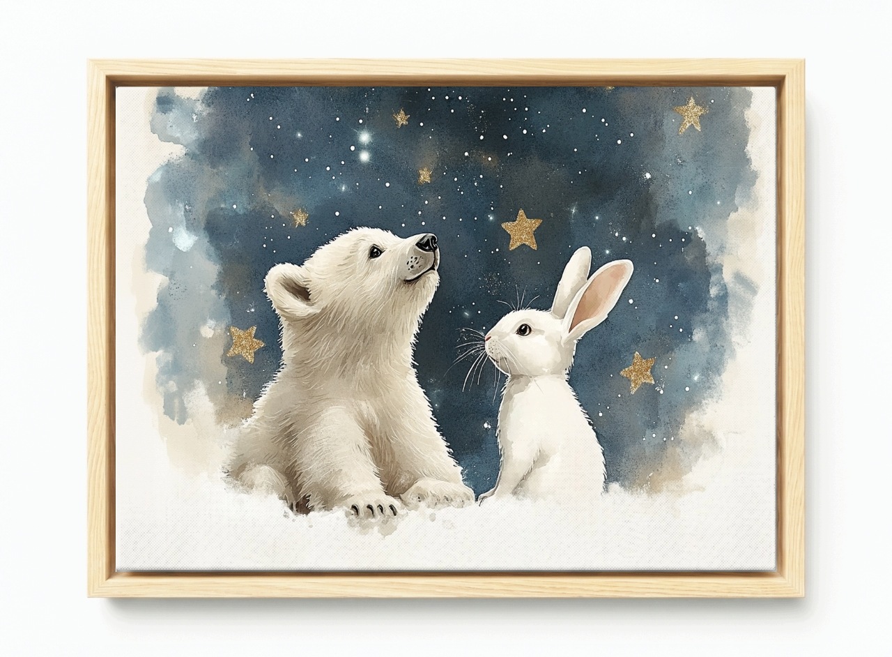 Obraz Rám Americký Box Zima Sníh Noc Nebe Hvězdy Medvídek Králík Pohádka 60x40