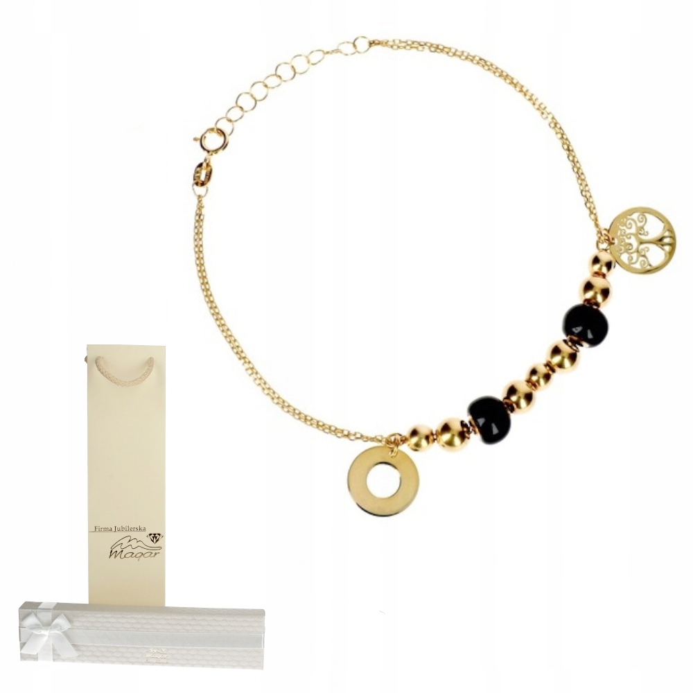 Zlatý náramek Diamantové kuličky a dřevo 585