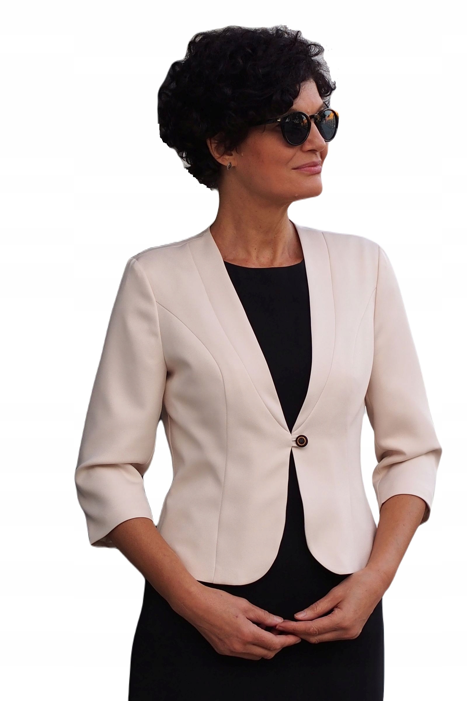 Wizytowy Dopasowany Krótki Żakiet Na Wesele Beżowy 36