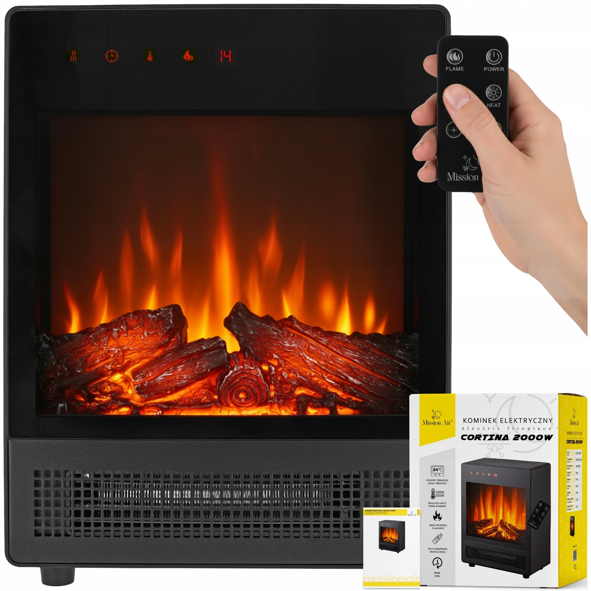 Elektrický Krb termoventilátor Kamna Topení Efekt Ohně časovač 2000W