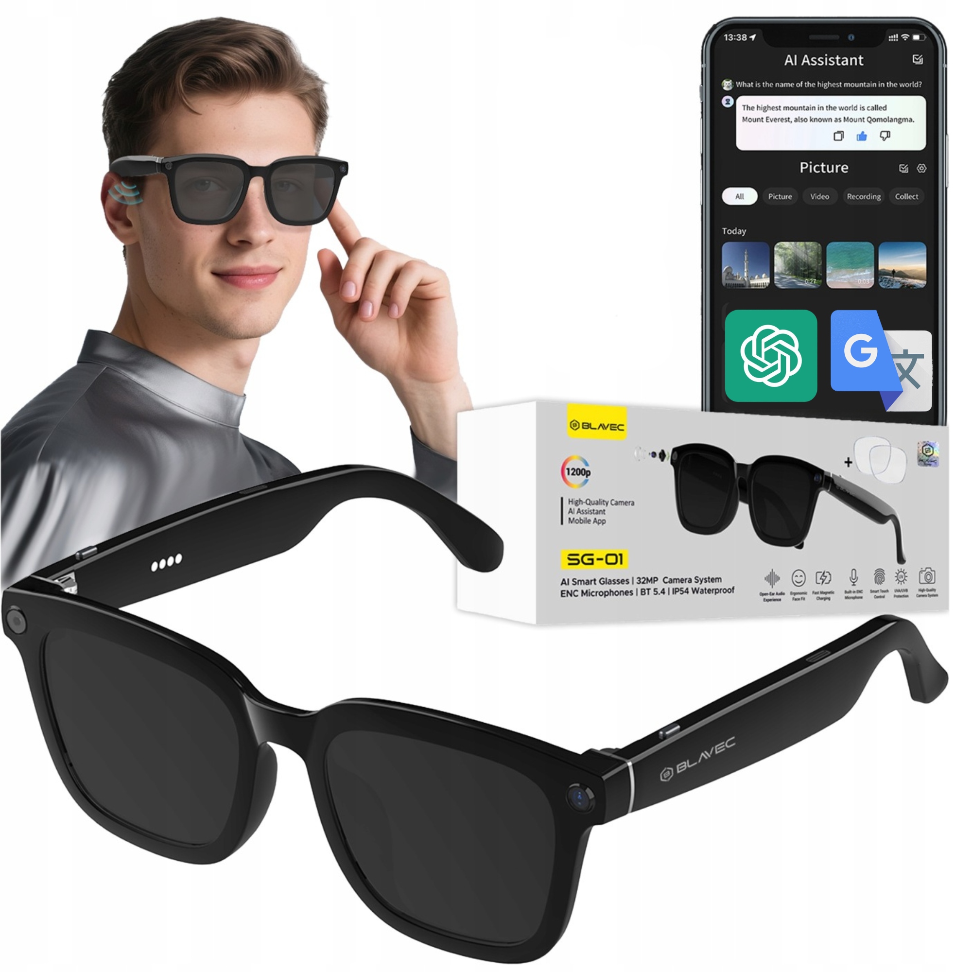 Inteligentne Okulary z Kamerą Hd Ai Chat Gpt Mikrofon Tłumaczenie Live Etui