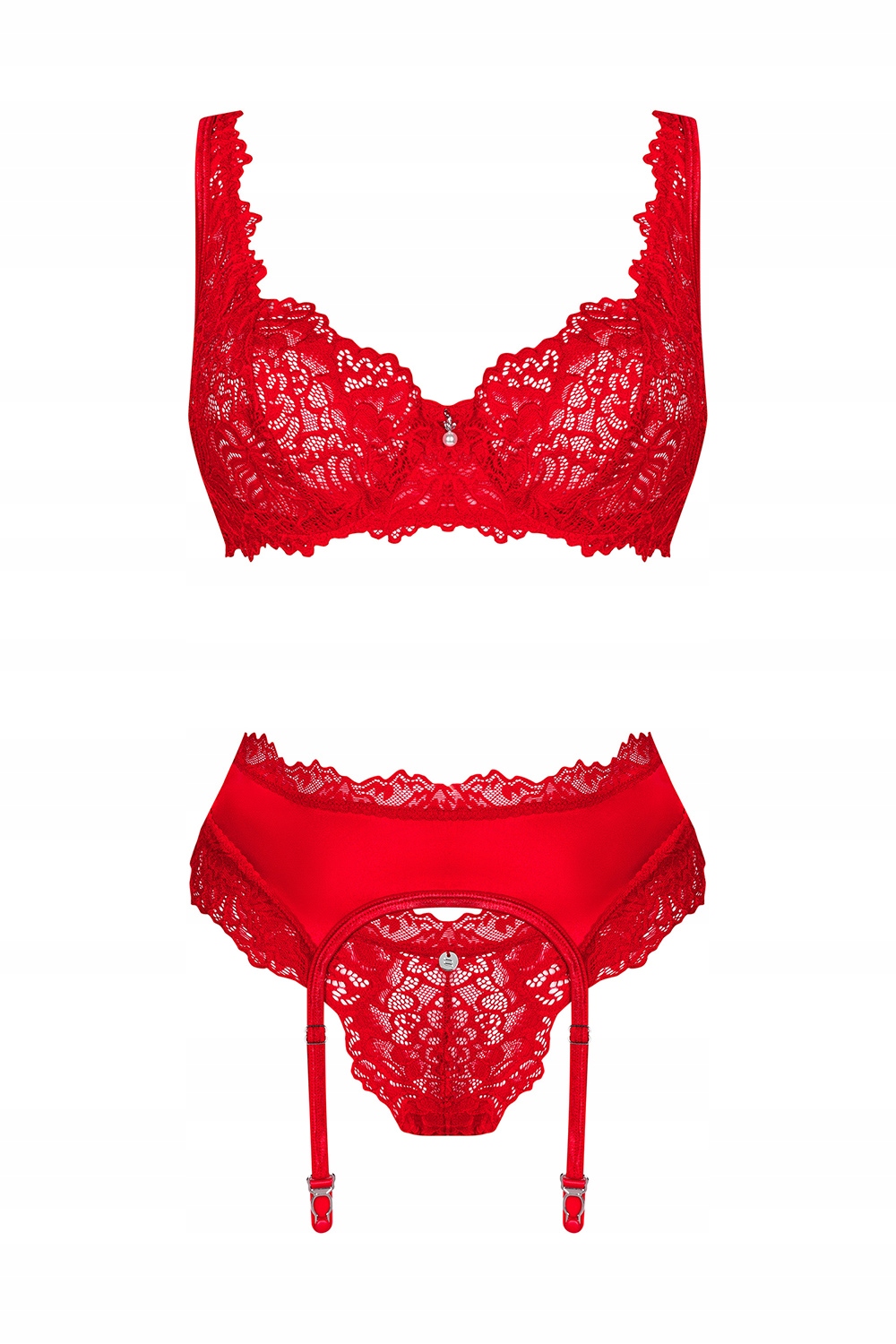 Obsessive Amor Cherris 3-pcs czerwony komplet biustonosz stringi i pas S/M Model AMOR CHERRIS