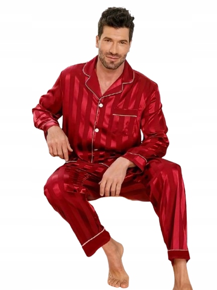 Elegantní Červené Saténové Pyžamo Rozepínací Pánské Pyžamo XL