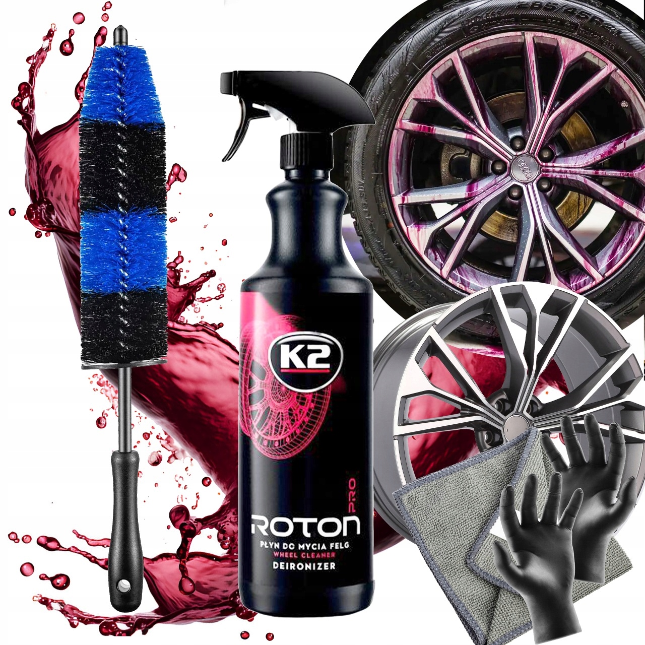 K2 Roton Pro Krwawi Deironizer Płyn Szczotka Do Mycia Czyszczenia Felg 1L