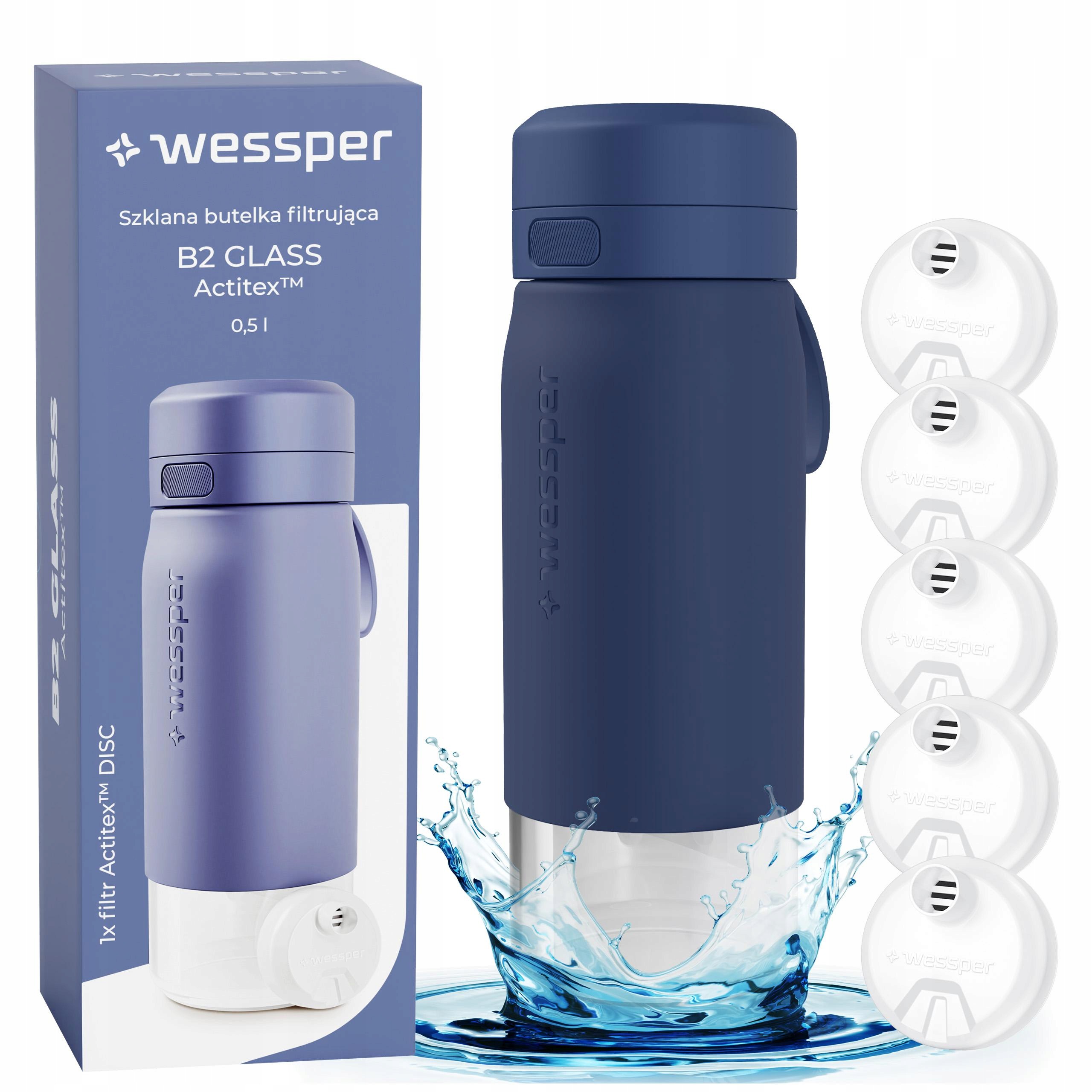 Skleněná filtrační láhev láhev na pití na vodu Wessper B2 Actitex 500 ml 5x filtr