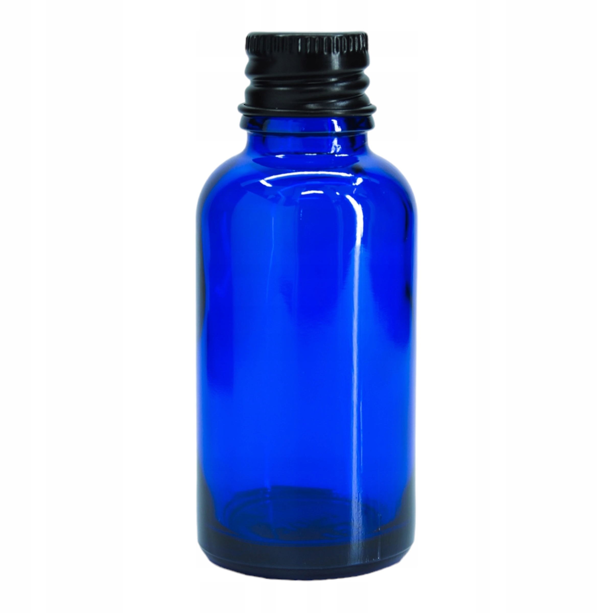 Butelka szklana 30 ml niebieska z nakrętką aluminiową czarną