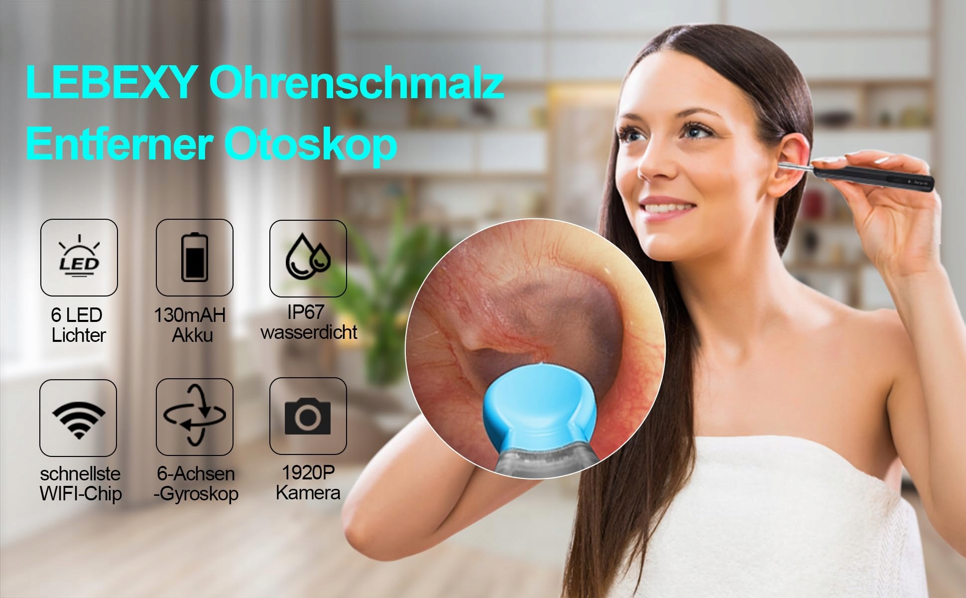 LEBEXY Kamera Do Czyszczenia Uszu 1920P Wifi Z 6 LED Android iOS Harmony OS — miniatura 7