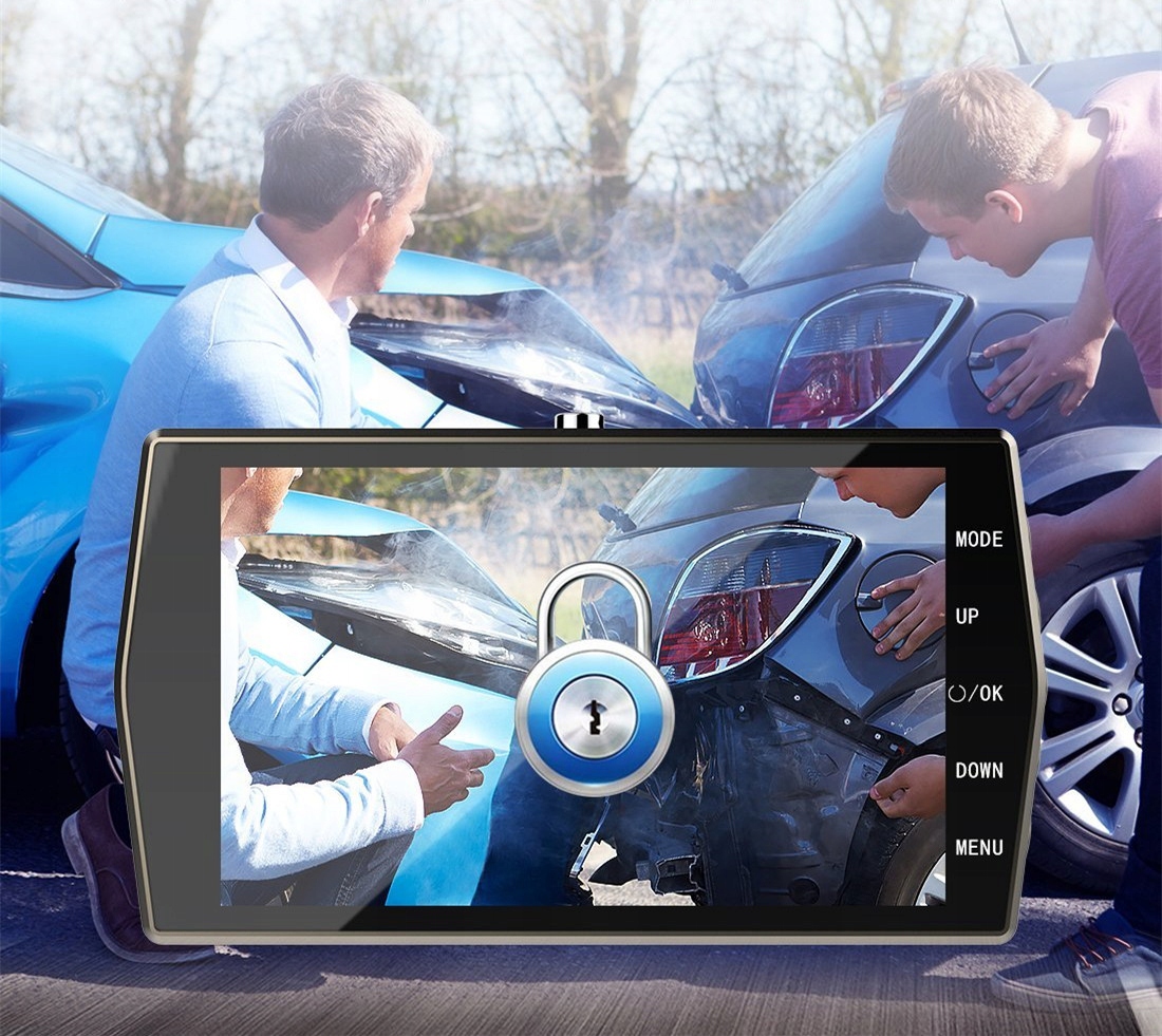 Wideorejestrator z kamera cofania Tryb parkingowy Additional Features camera automatic start motion sensor shock sensor two cameras reversing camera HDR WDR H 264 codec sound recording display