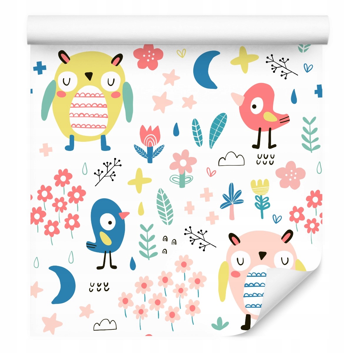 Dětská tapeta Sovy Ptáci Květiny Příroda Tvar