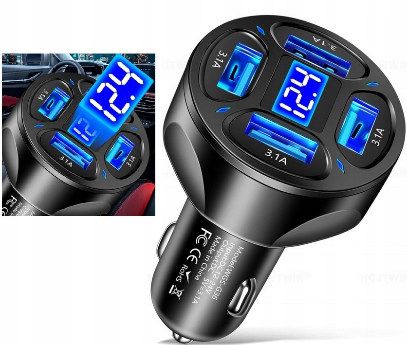 Szybka Mocna Ładowarka Samochodowa 4 Usb 3,1A Rozdzielacz 66W Led wyświetl