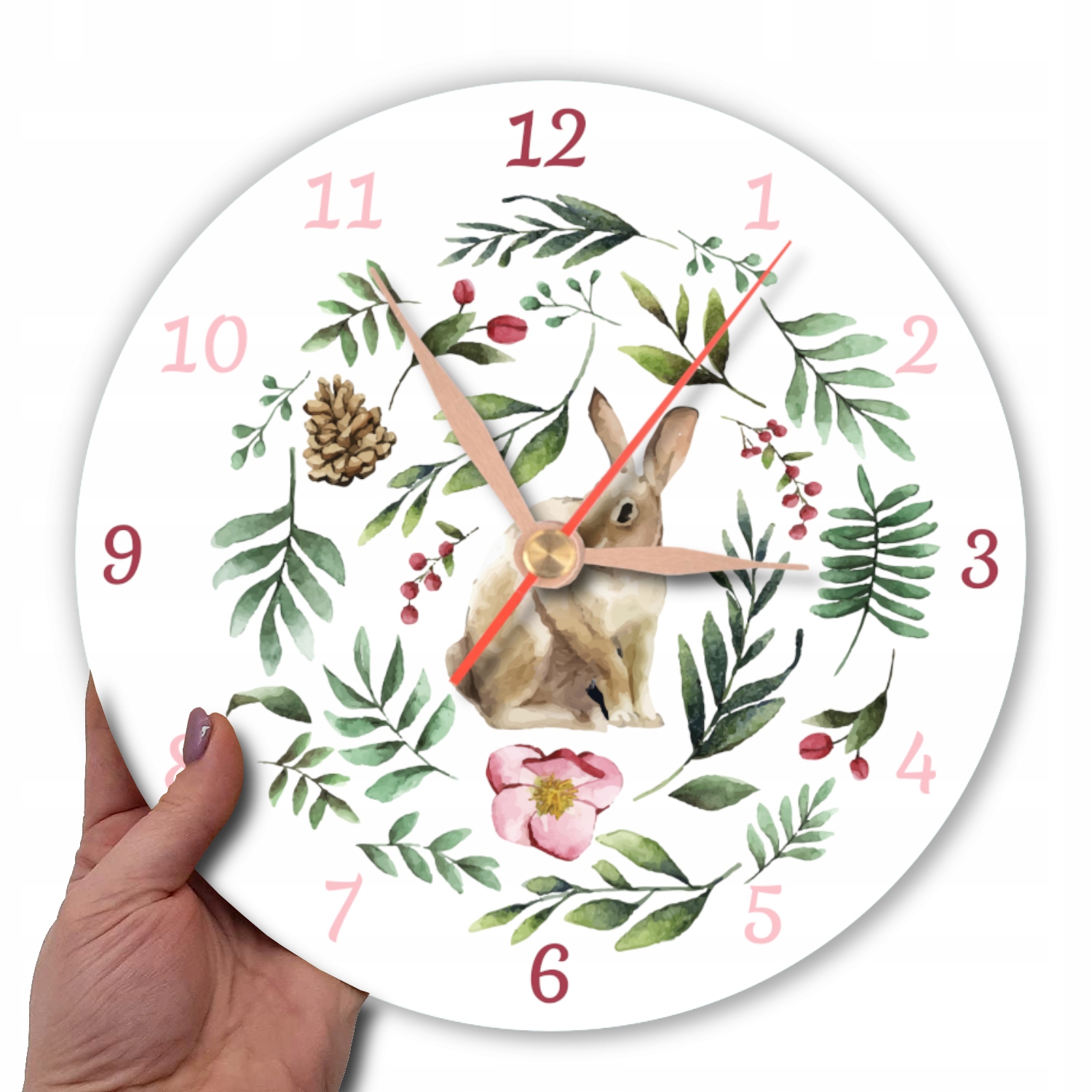 Okrągły ścienny cichy leśny zegar zając królik las Zasilanie baterie