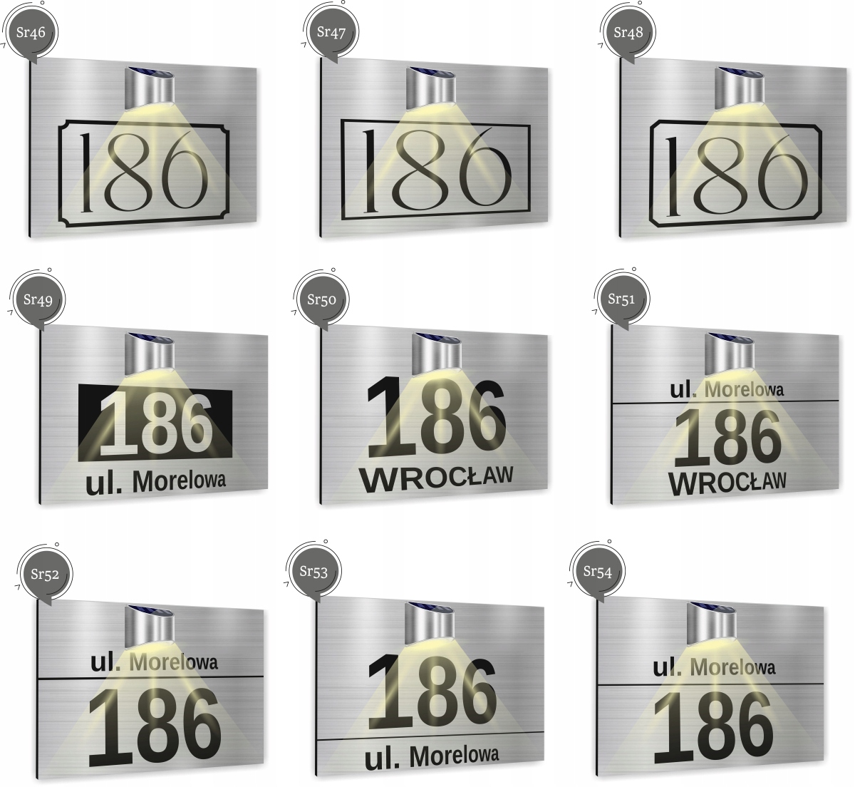 duża TABLICZKA ADRESOWA nierdzewna srebrna numer domu 30x20 lampka solarna Materiał aluminium