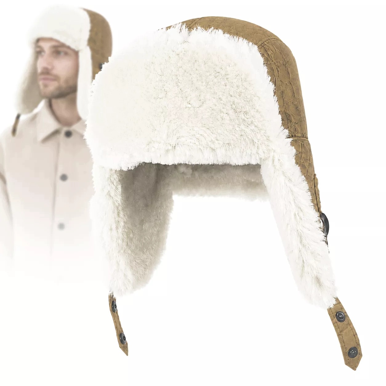 Pánská čepice zimní čepice, béžová, pilotka s kožíškem Polar Fashion W532A