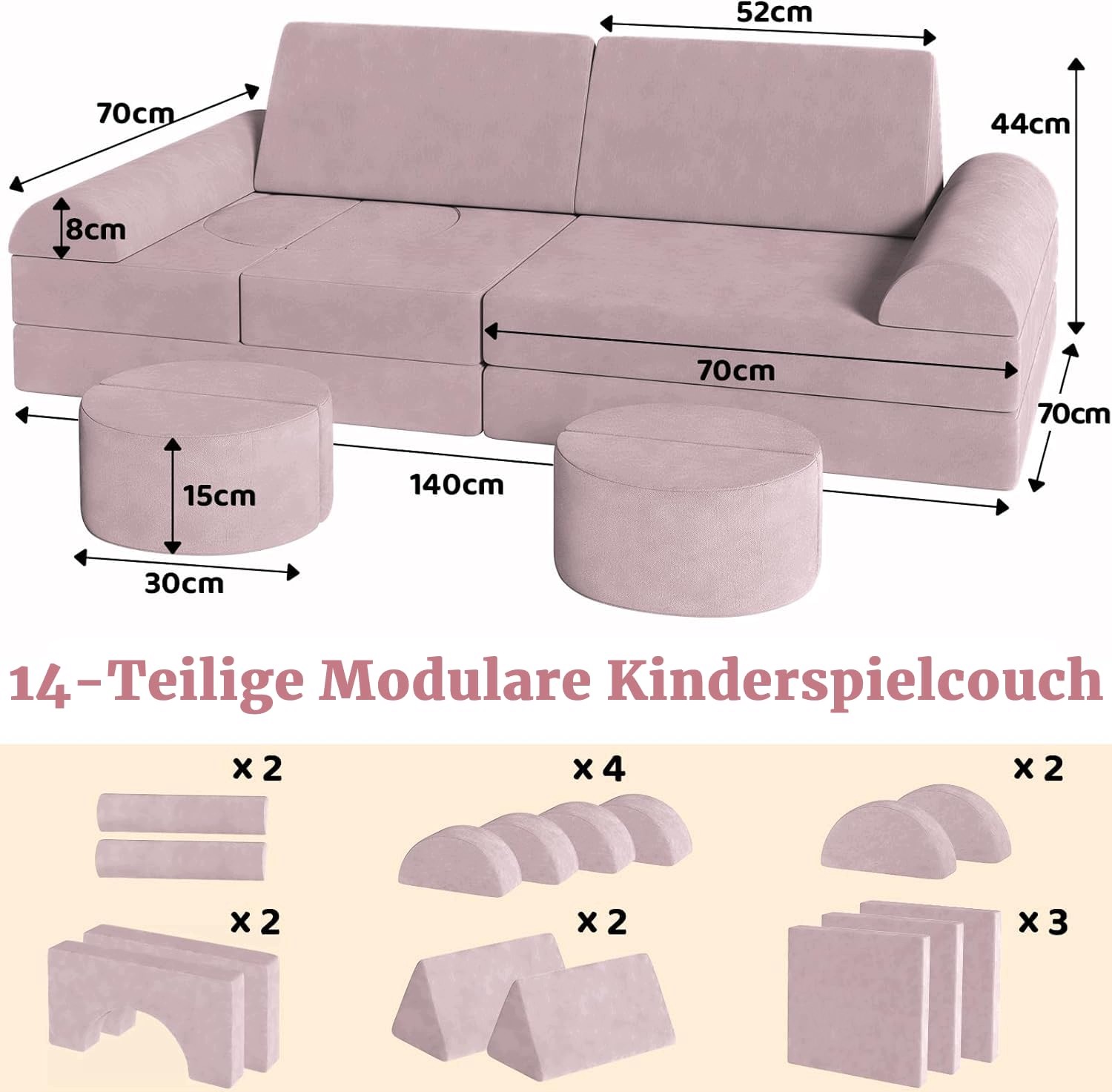modułowa sofa dziecięca z pianki 15-częściowa różowa