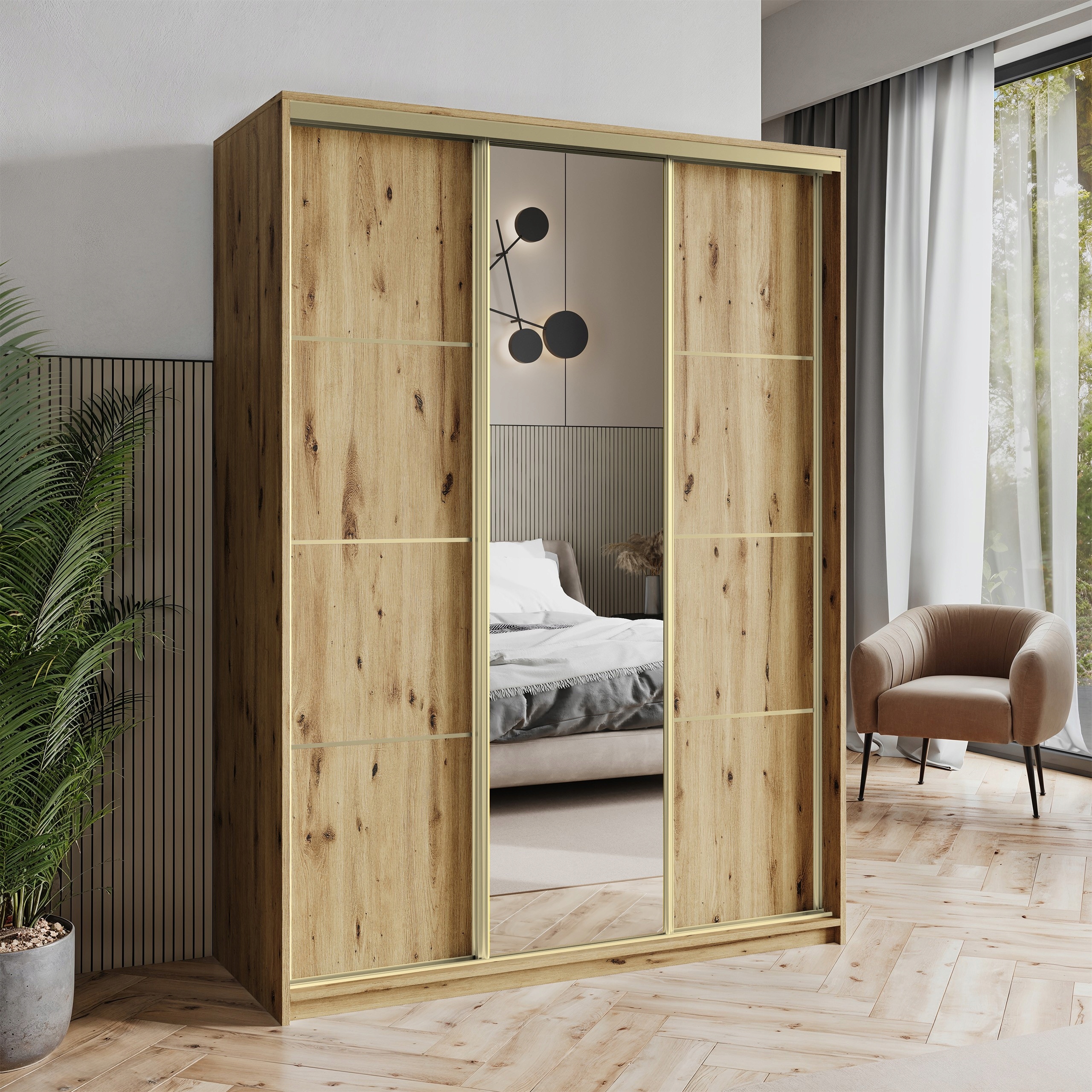 Skříň Třídveřová Varo 150 cm se zrcadlem Zásuvky Artisan Zlatá