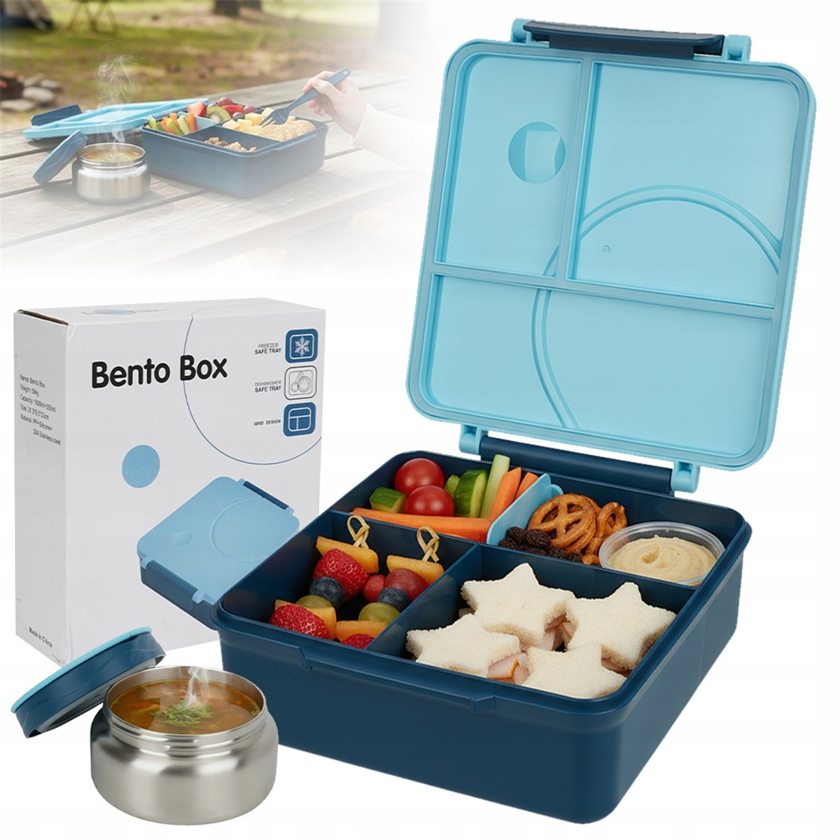 Modrý obědový box se 4 přihrádkami 1600 ml s termoskou 250 ml a termotaškou