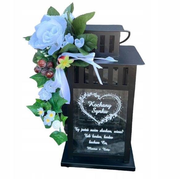 LAMPION róże białe, znicz dla babci, dziadka, mamy Marka Grawer-Art