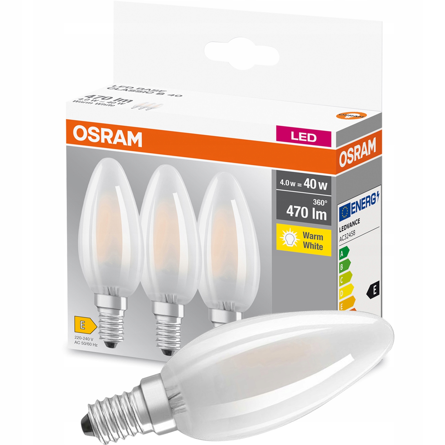 

Żarówka Led E14 4,5W 40W 2700K Świeca Osram 3PAK