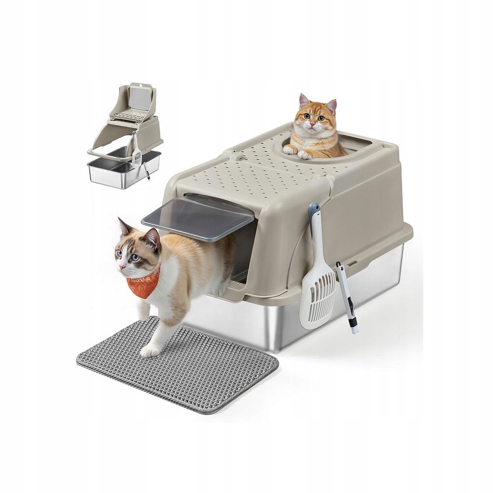 Kuweta dla kota z pokrywą 61 cm Feandrea stal nierdzewna, beżowa