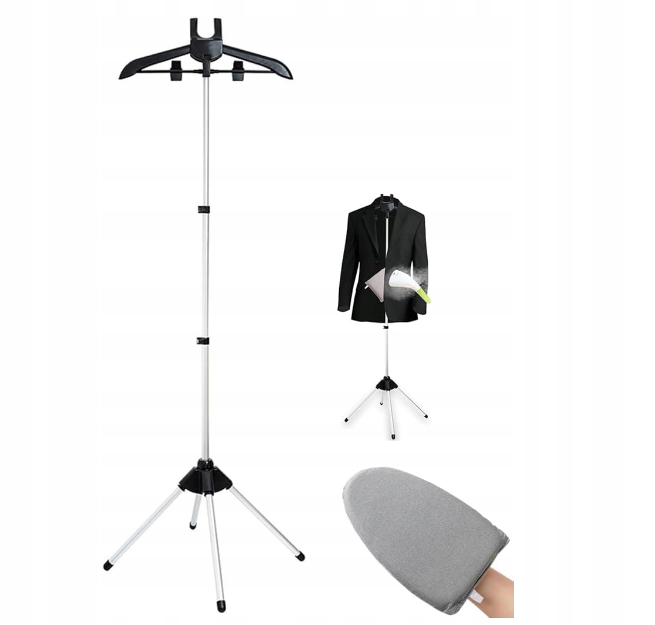 Přenosný stojan na napařovač, nastavitelný, černý, s napařovací rukavicí, 160 cm
