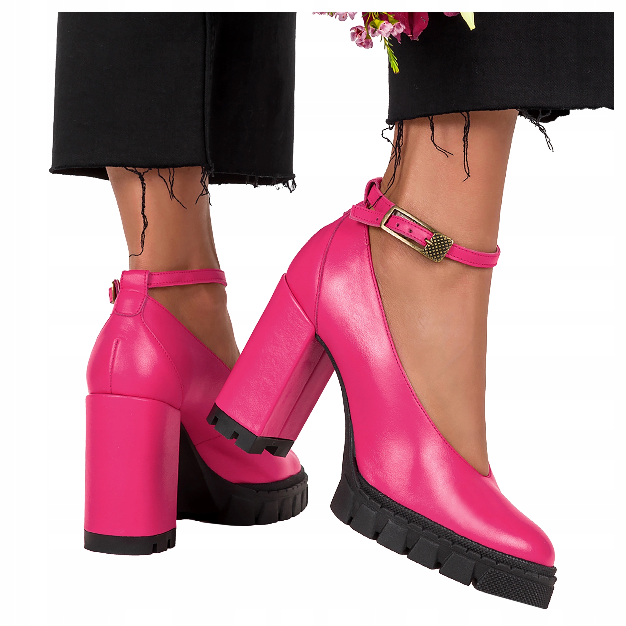 Růžové Dámské Kožené Lodičky Na Podpatku Pásek Kolem Kotníku Modní vel. 37