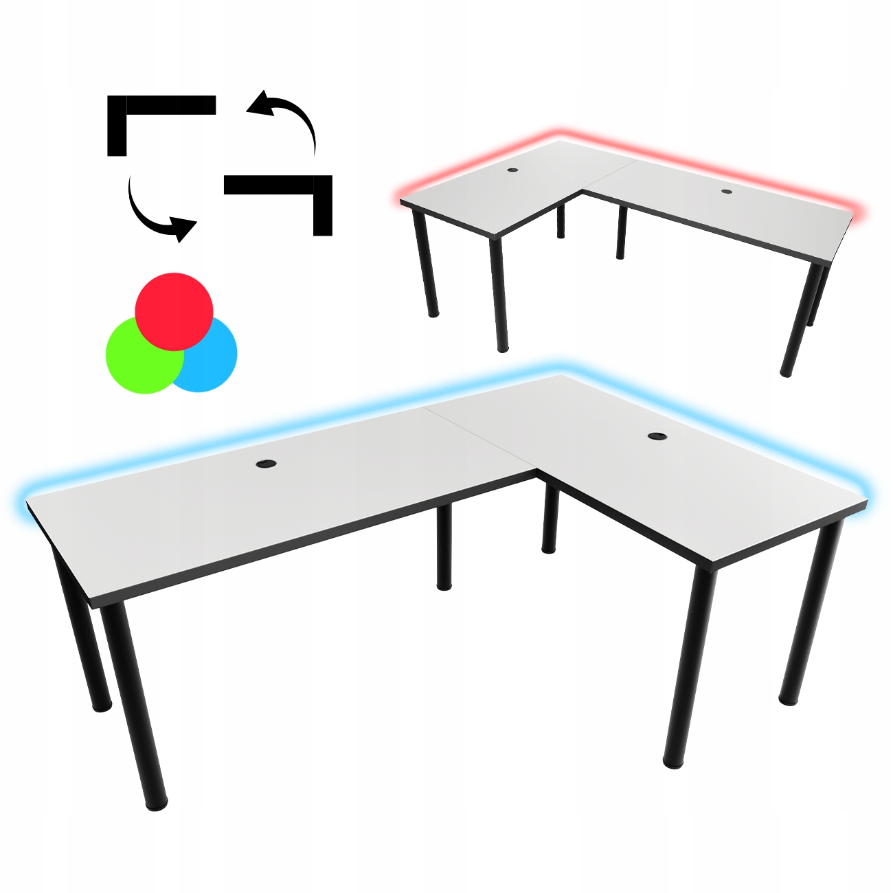 

Biurko Gamingowe Narożne Białe Obustronne Led