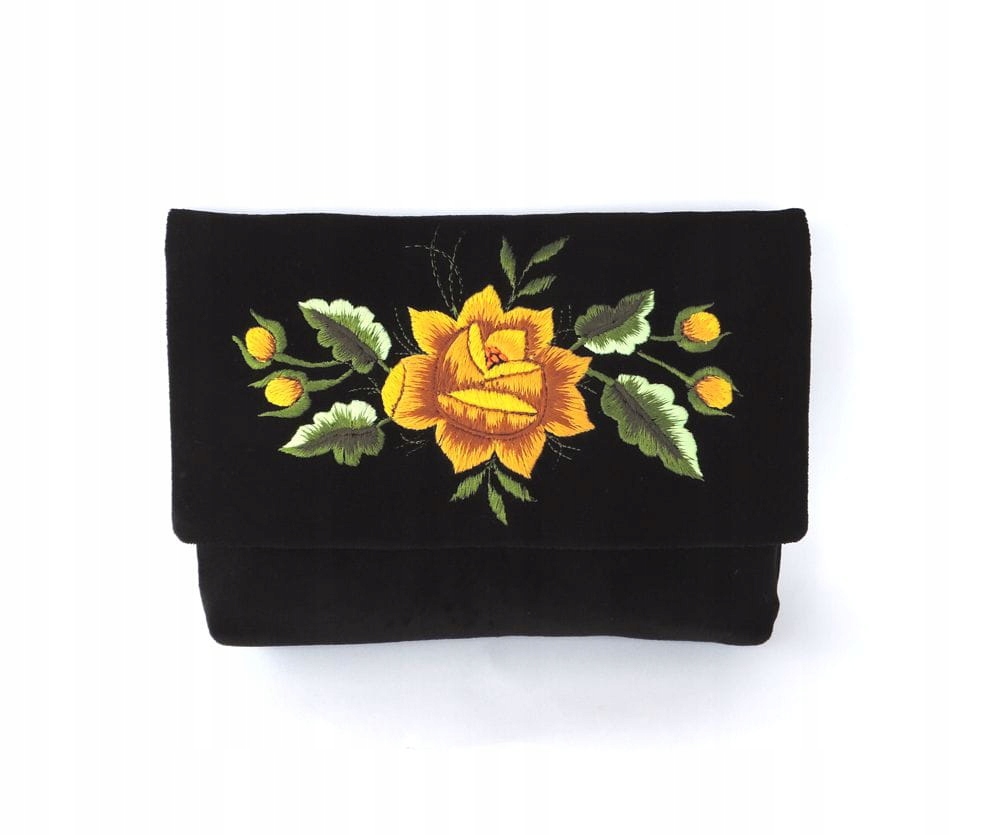 Černá psaníčko s rybářskou výšivkou (žlutá růže)