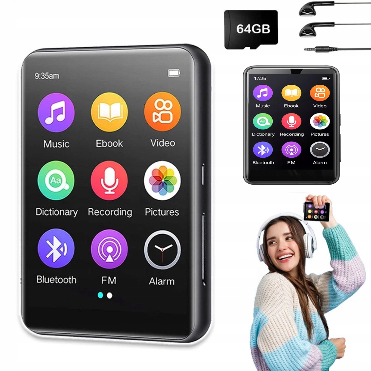 ODTWARZACZ MP3 64GB BLUETOOTH GŁOŚNIK MENU RADIO DYKTAFON SŁUCHAWKI