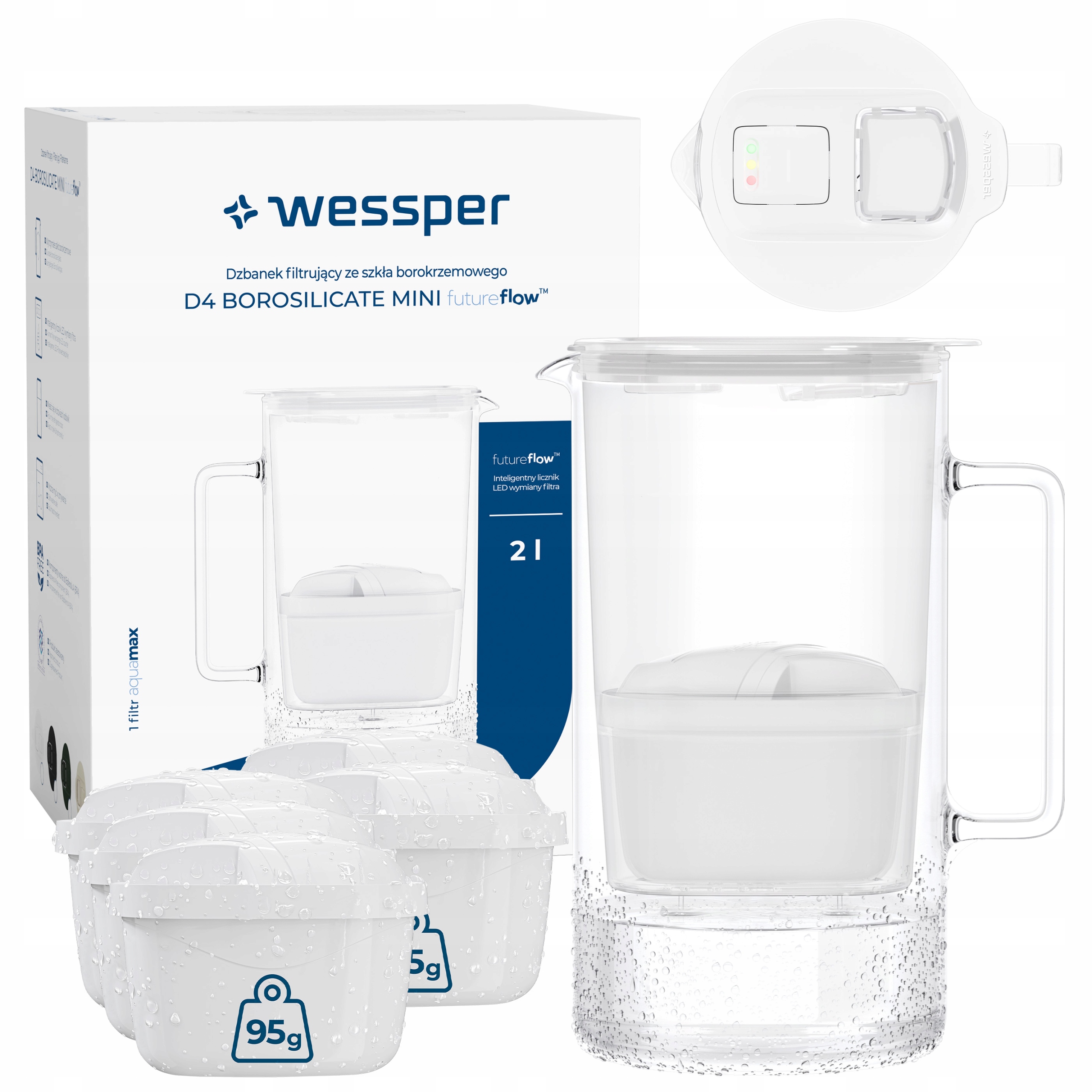 Wessper D4 Borosilicate Mini dzbanek filtrujący szklany 2l 6x filtr