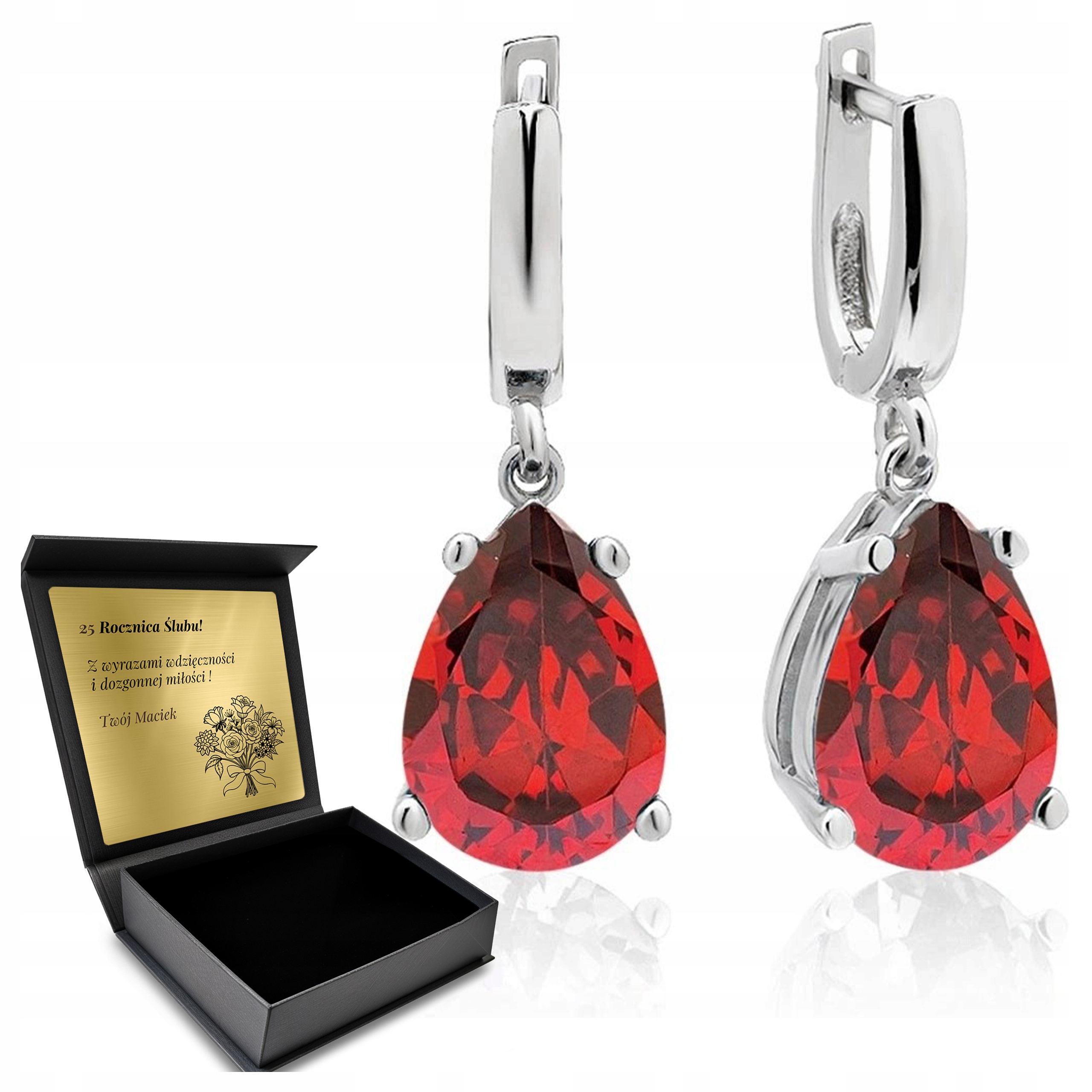 Stříbrné Náušnice 925 Granátová Krásná Dárek Den žen Gravírování Bonus