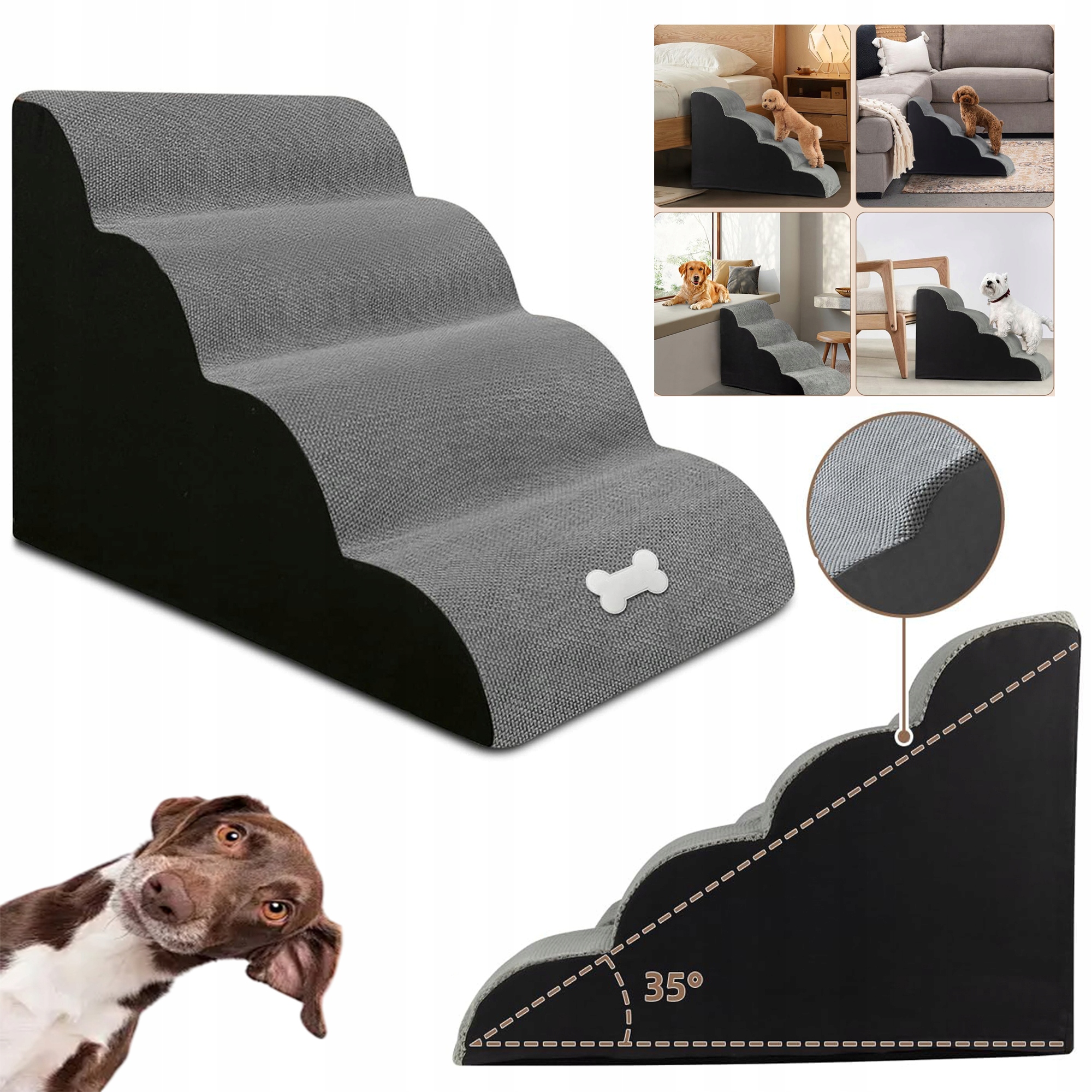 Levně 4 Stupně Schůdků Pro Psa Plošina 50 CM Pohodlné A Bezpečné 75X40X50 CM Šedá