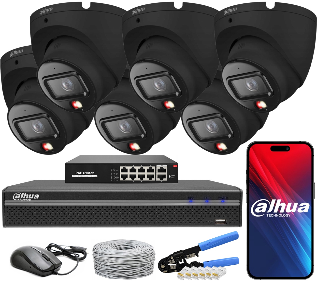 Zestaw Monitoringu Dahua 6 Kamer 6Mpx IPC-HDW1639T-A-IL-0280B-S6 Black PoE