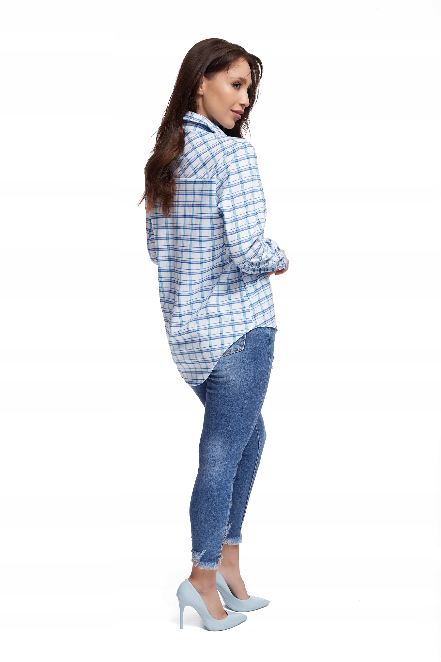 Elegancka CASUALOWA Koszula Damska w Kratę R - 54 Rękaw długi rękaw