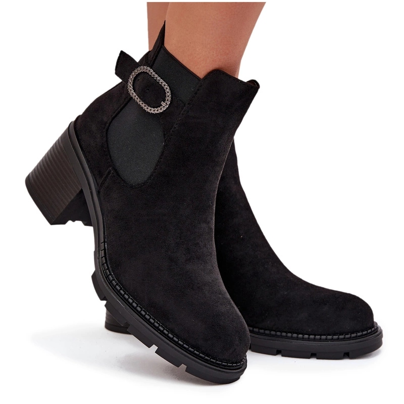 Dámské Kotníkové Boty Eko Semišové Podpatek Sloupek Zip Zateplená Spona Černá 39